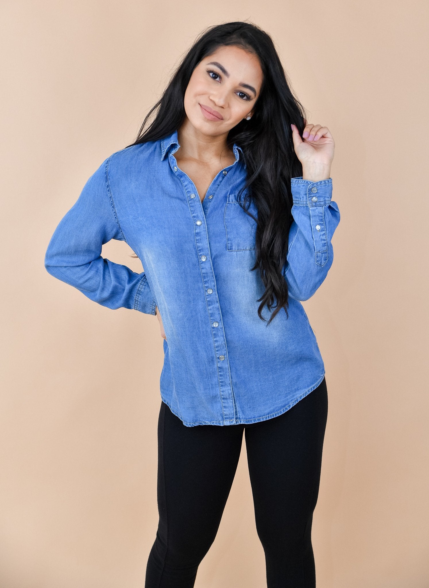Oversized Chambray Button Up Denim Shirt Dark Wash