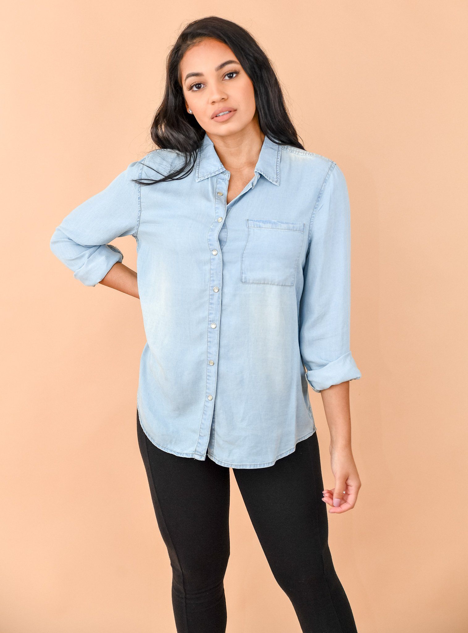 Oversized Chambray Button Up Denim Shirt Light Wash