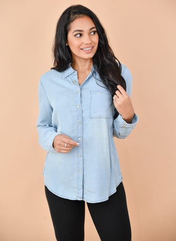 Oversized Chambray Button Up Denim Shirt Light Wash