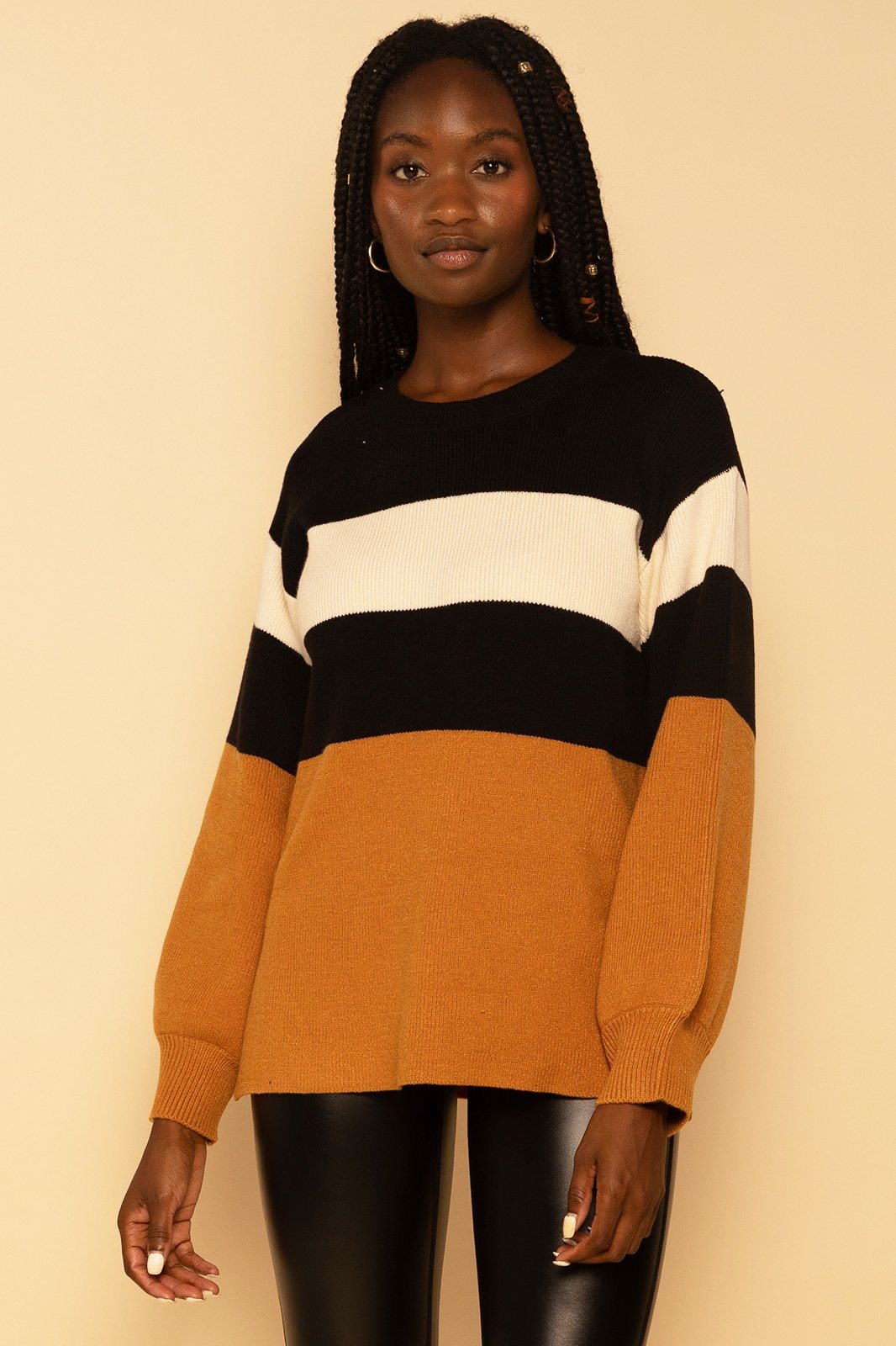 Oversized Colorblock Bubble Sleeve Knit Sweater