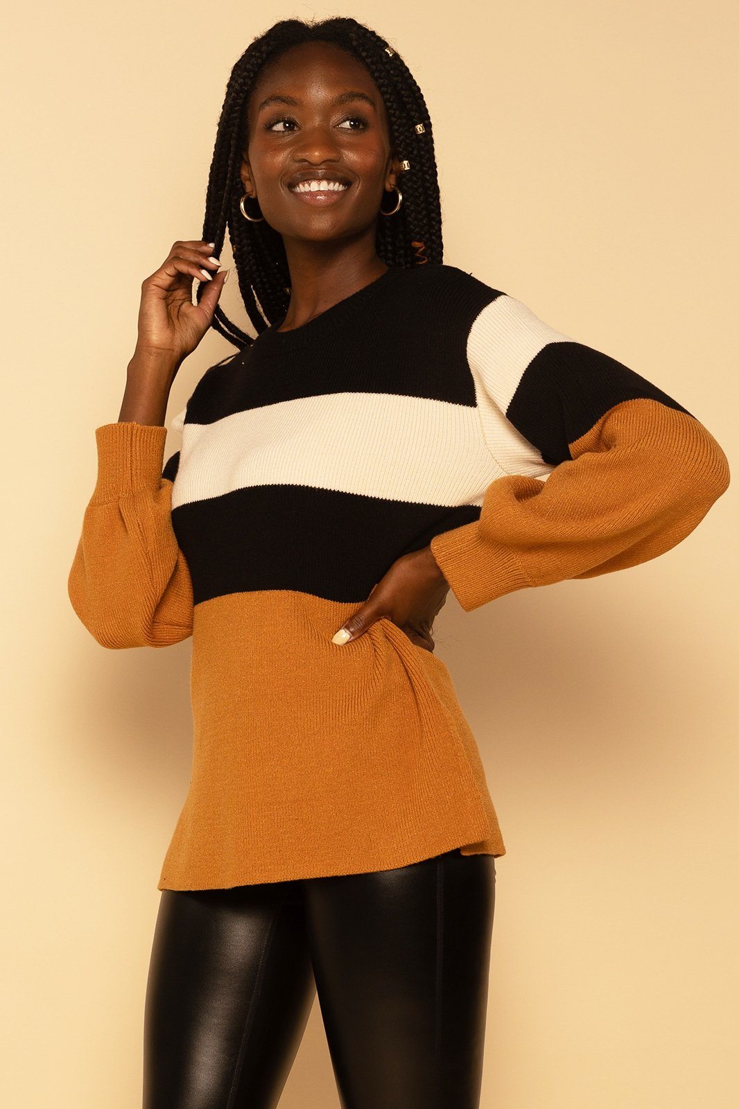 Oversized Colorblock Bubble Sleeve Knit Sweater