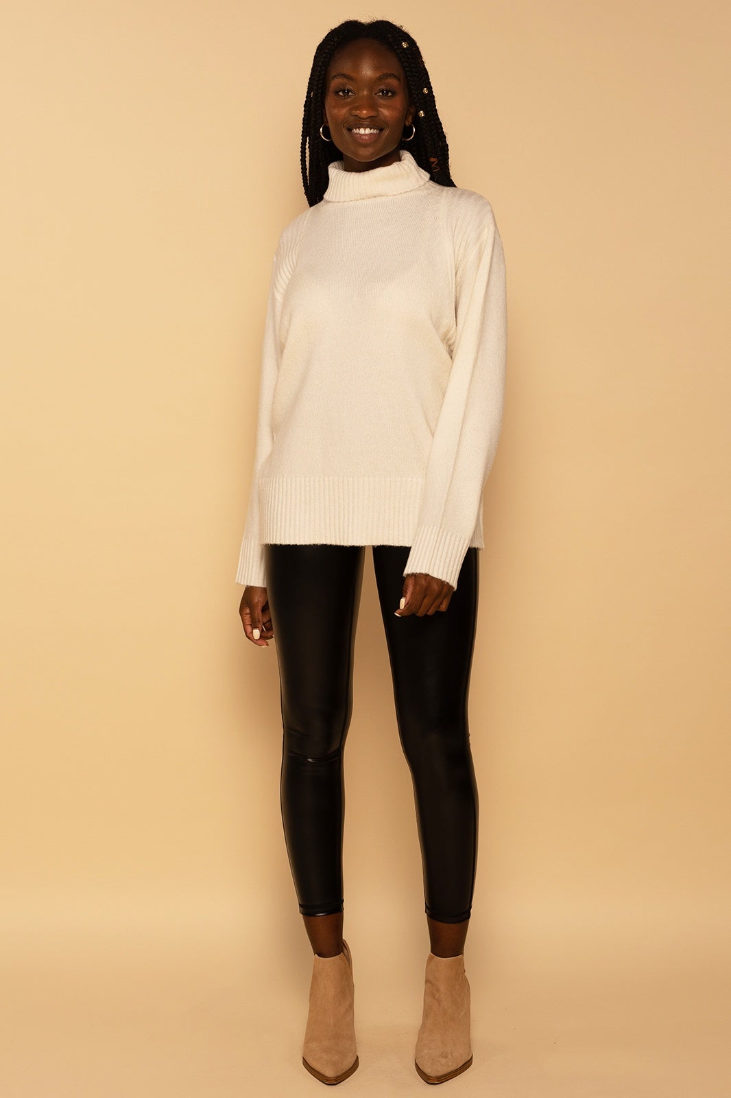 Oversized Cream Turtleneck Knit Sweater
