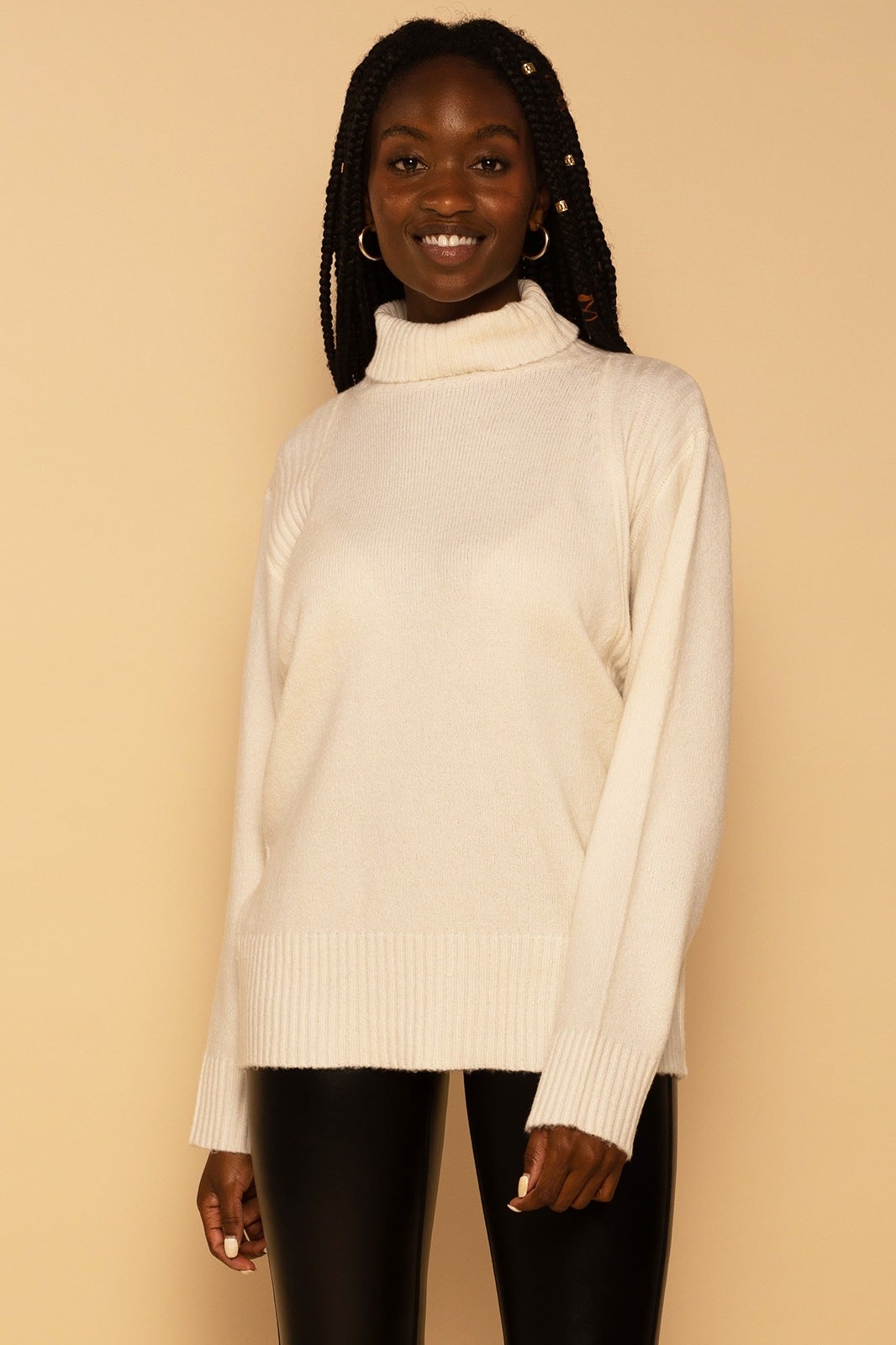 Oversized Cream Turtleneck Knit Sweater