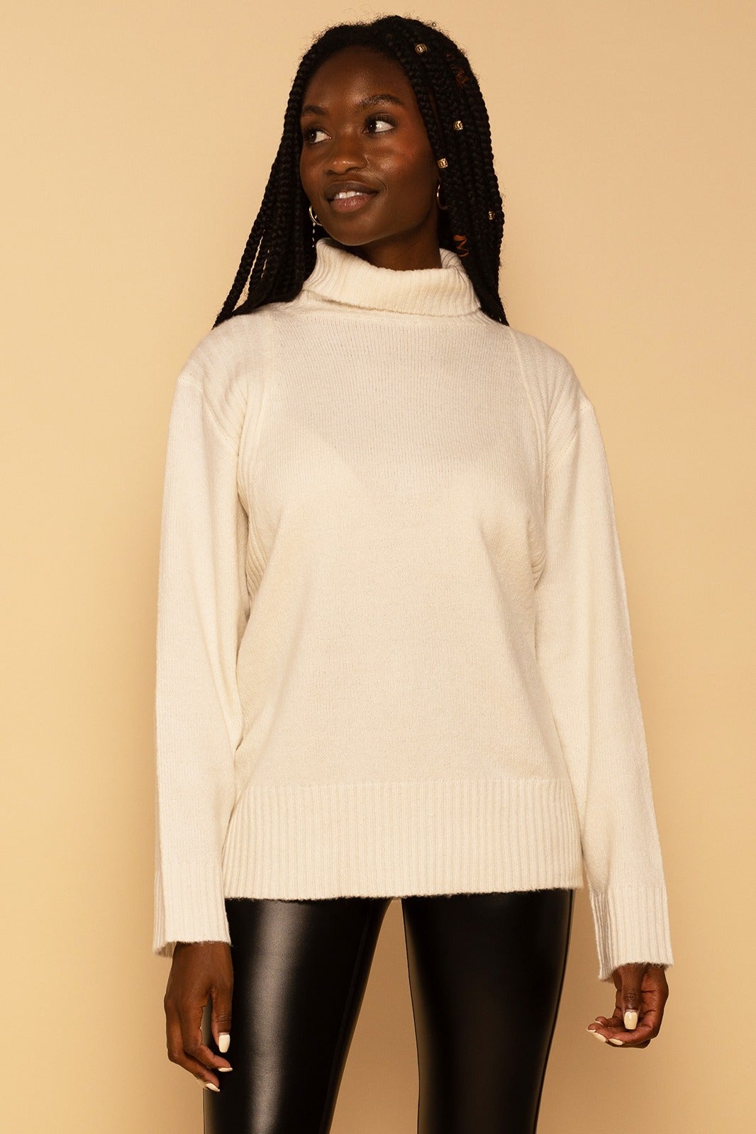 Oversized Cream Turtleneck Knit Sweater
