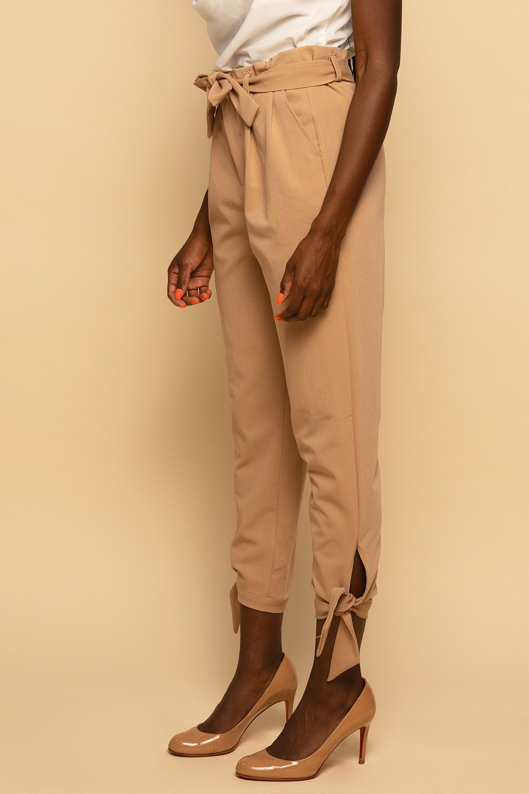 Paperbag Waist Belted Ankle Tie Beige Pant