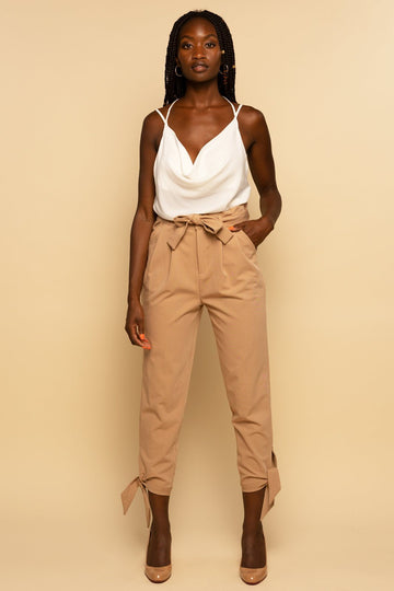 Paperbag Waist Belted Ankle Tie Beige Pant