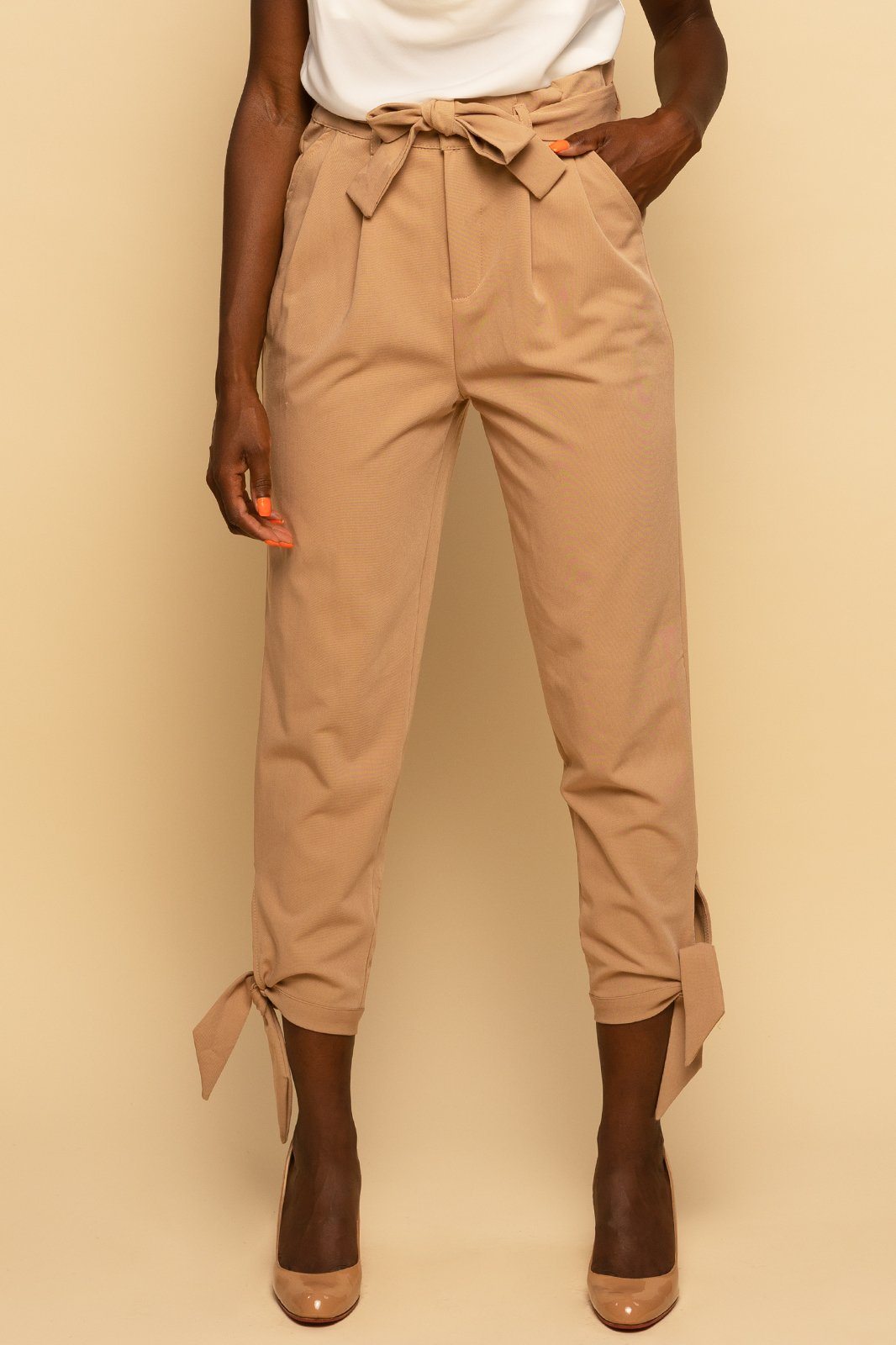 Paperbag Waist Belted Ankle Tie Beige Pant