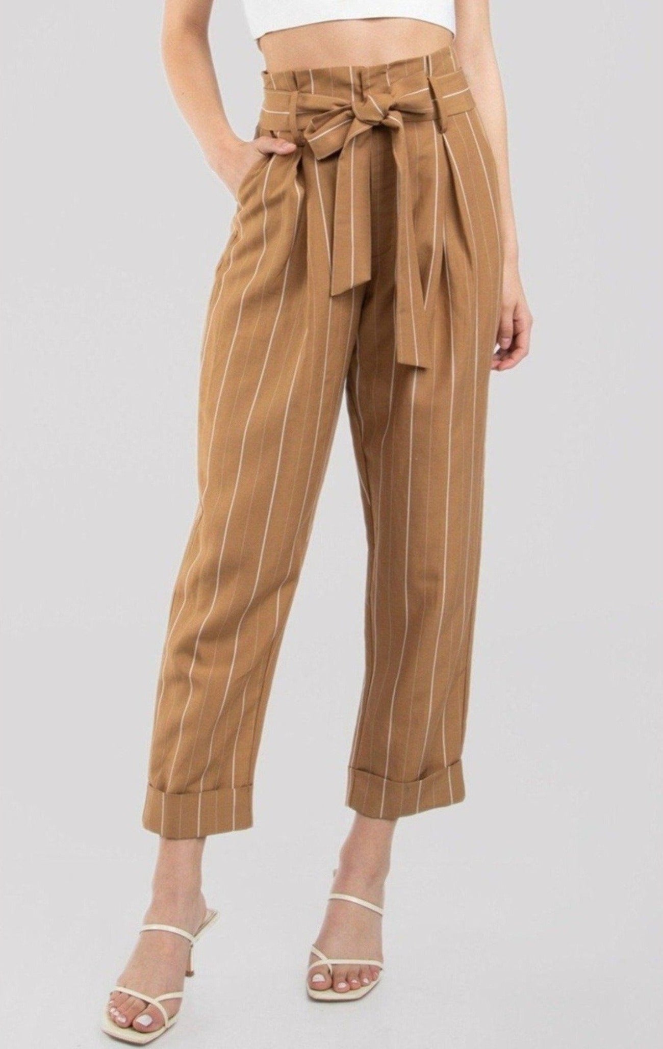 Paperbag Waist Belted Pinstripe Pants