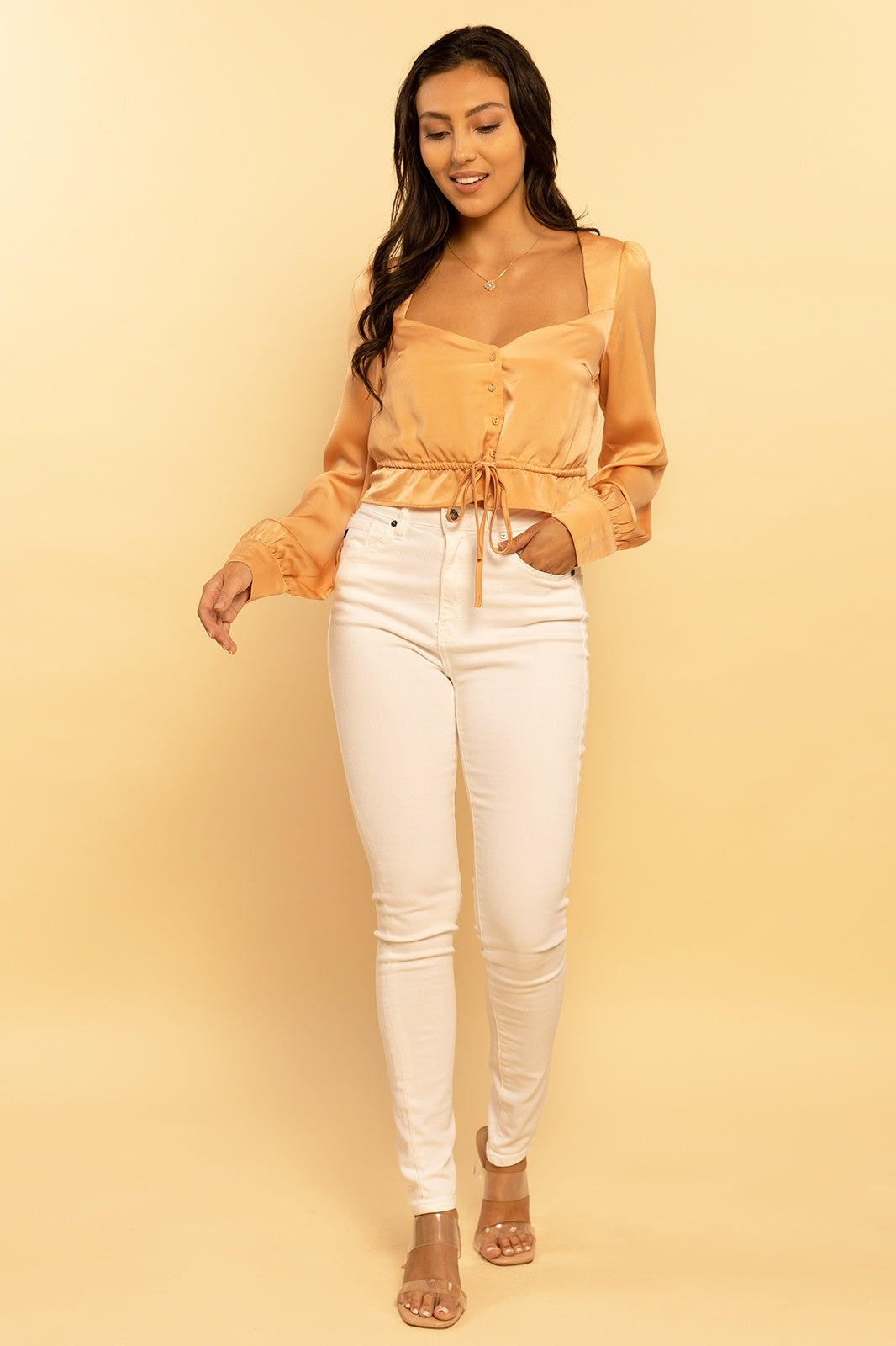 Peach Satin Sweetheart Cropped Long Sleeve Blouse