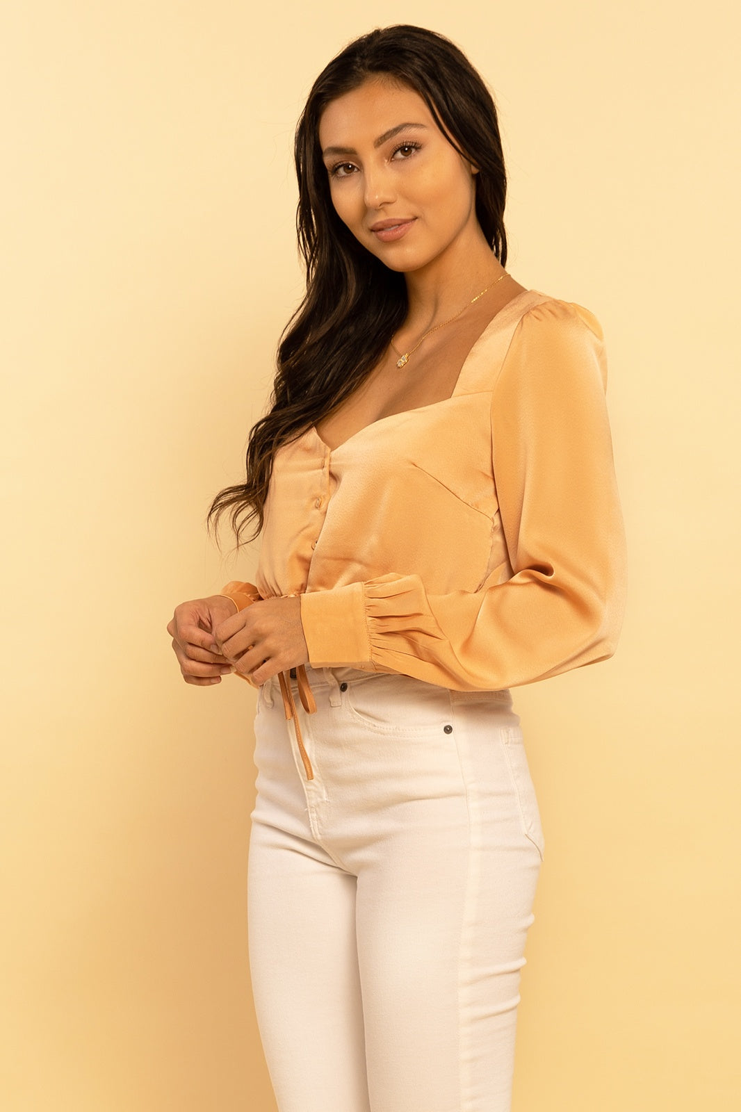 Peach Satin Sweetheart Cropped Long Sleeve Blouse
