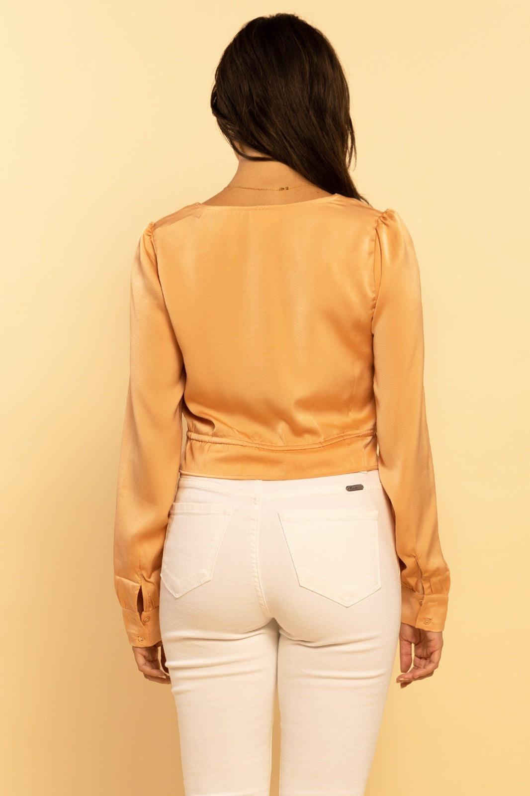 Peach Satin Sweetheart Cropped Long Sleeve Blouse