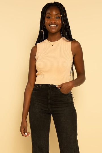 Peach Sleeveless Cropped Ribbed Sweater Knit Top