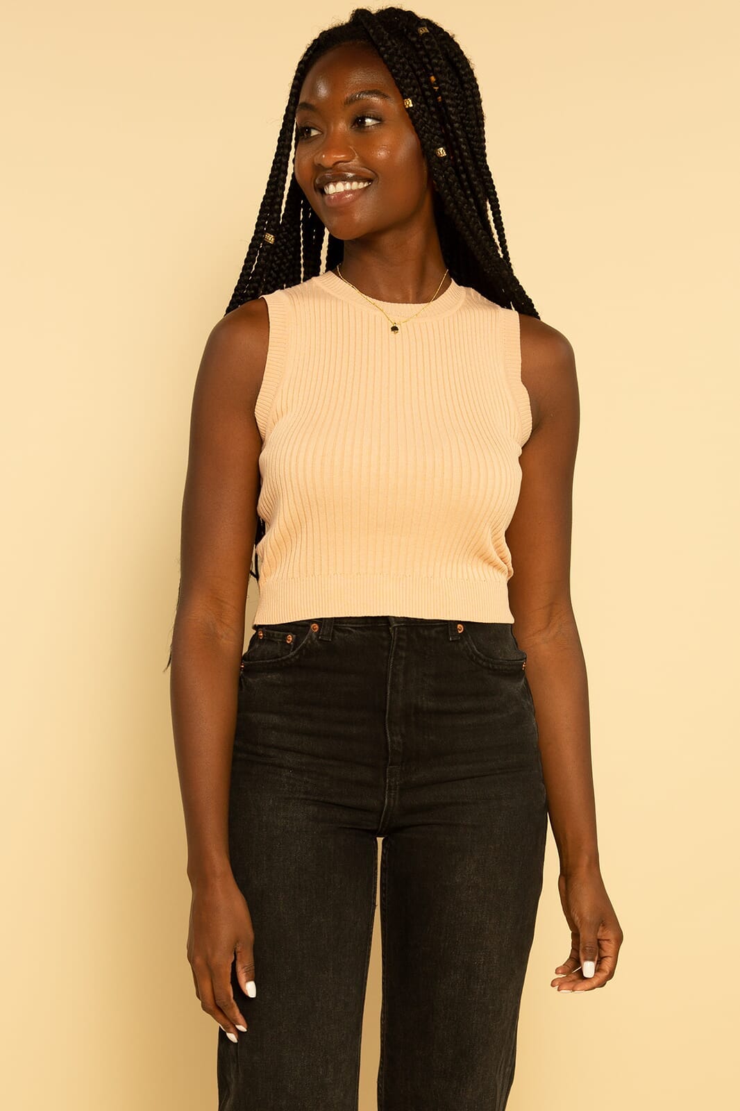 Peach Sleeveless Cropped Ribbed Sweater Knit Top