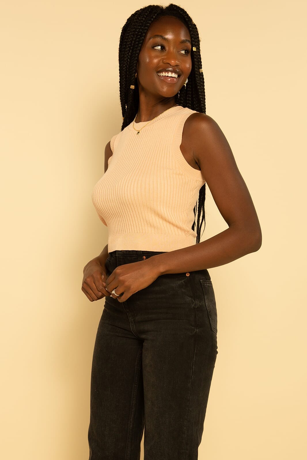 Peach Sleeveless Cropped Ribbed Sweater Knit Top