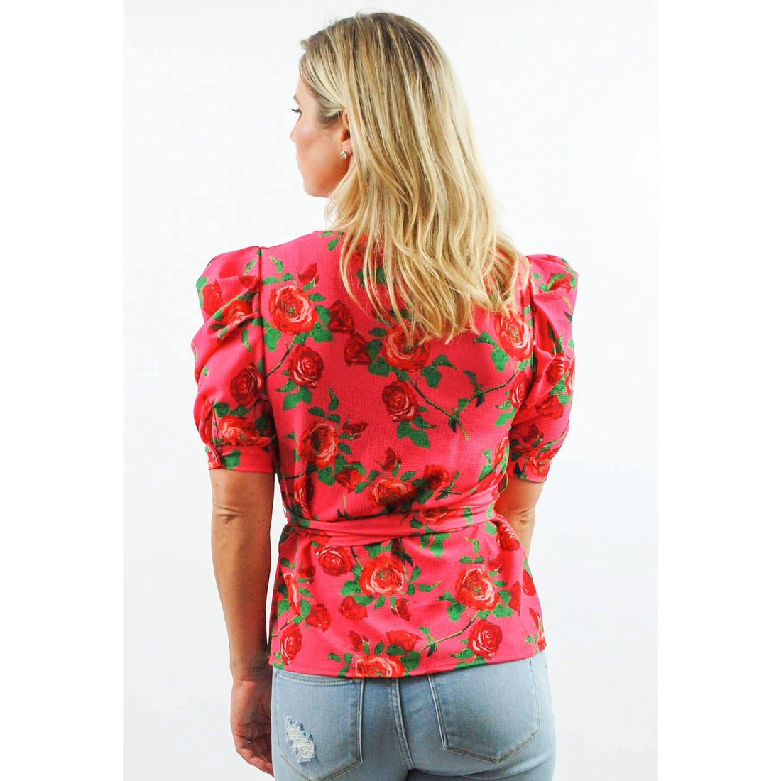 Pink Floral Print Puff Sleeve Wrap Top