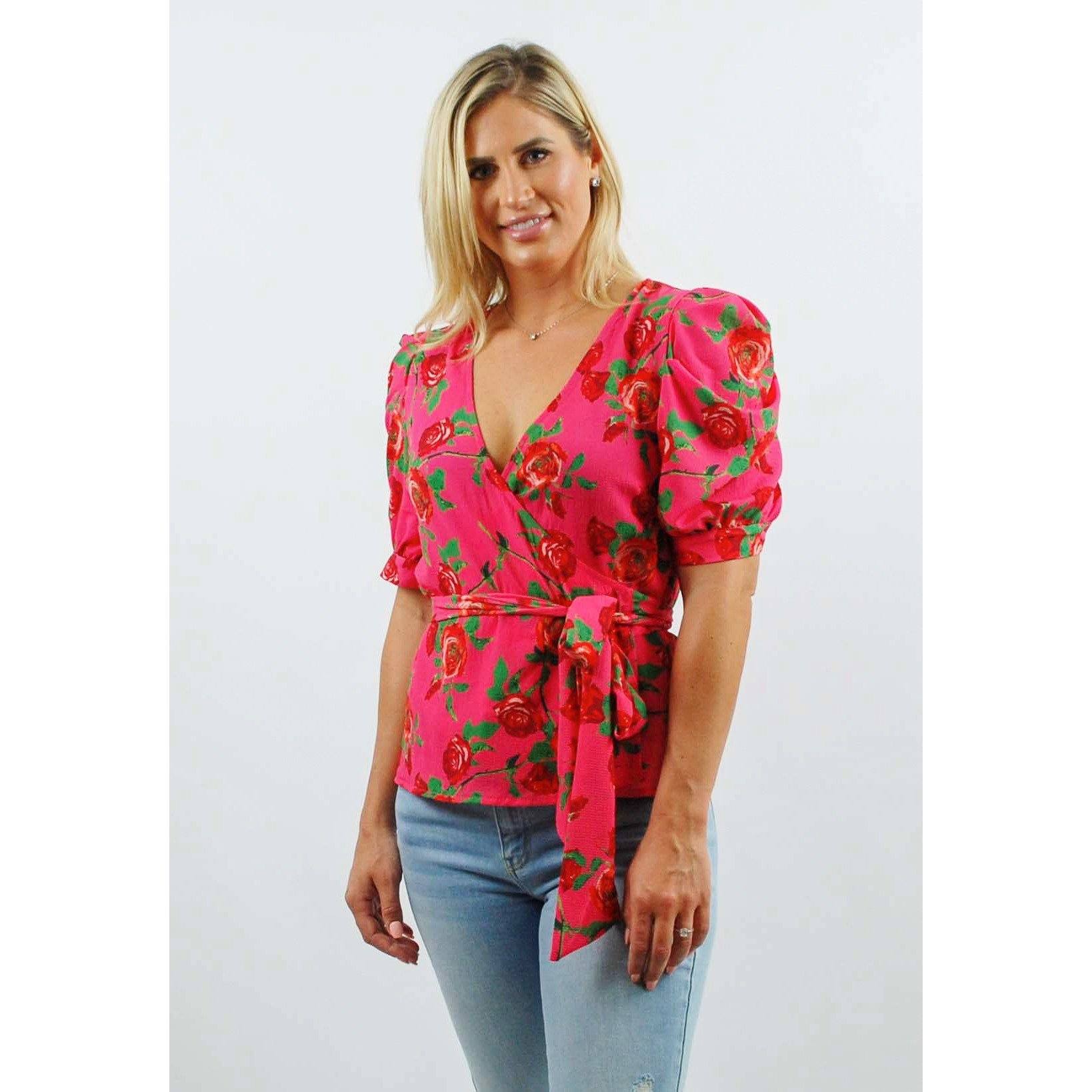 Pink Floral Print Puff Sleeve Wrap Top