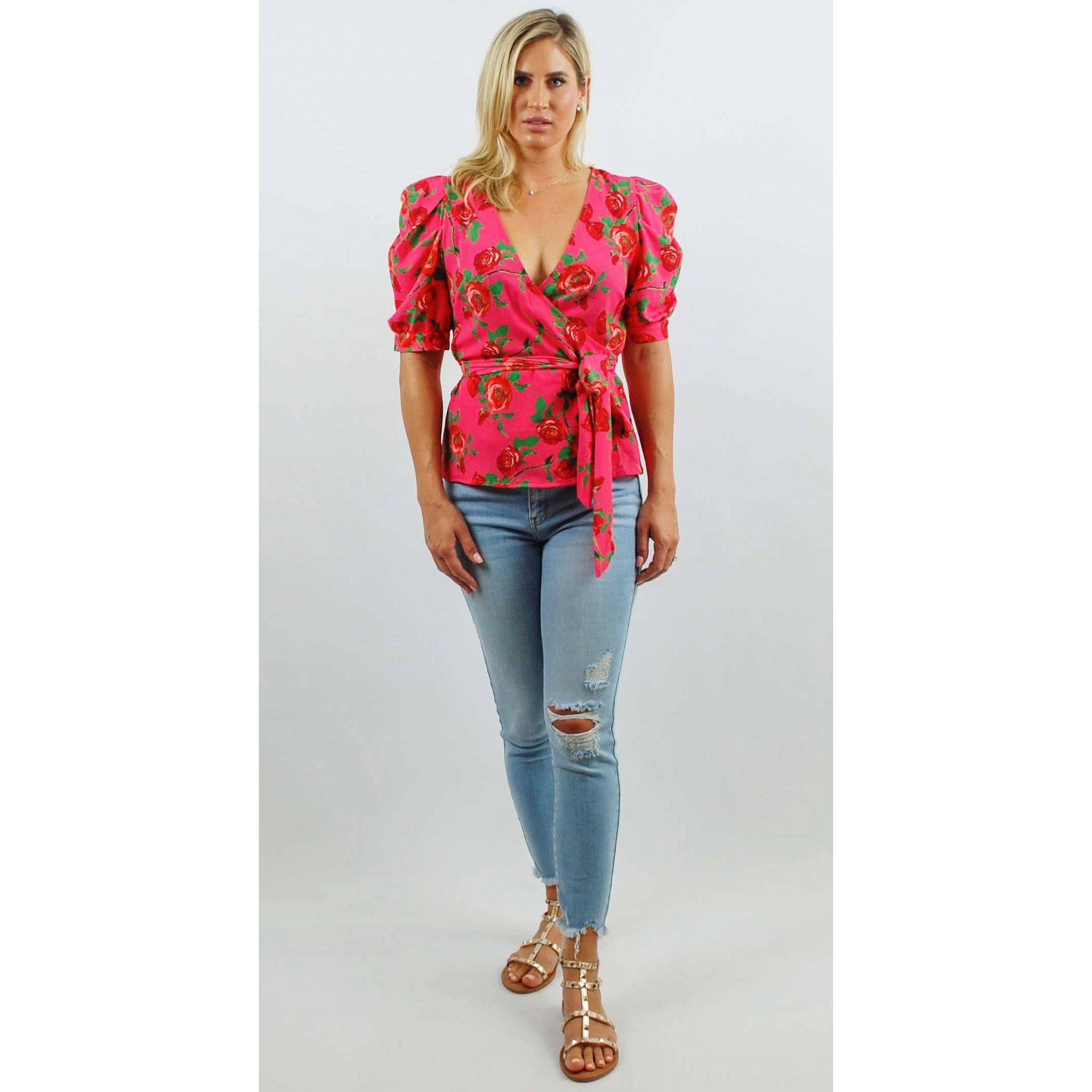 Pink Floral Print Puff Sleeve Wrap Top