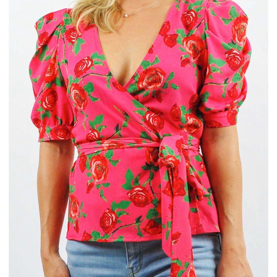 Pink Floral Print Puff Sleeve Wrap Top