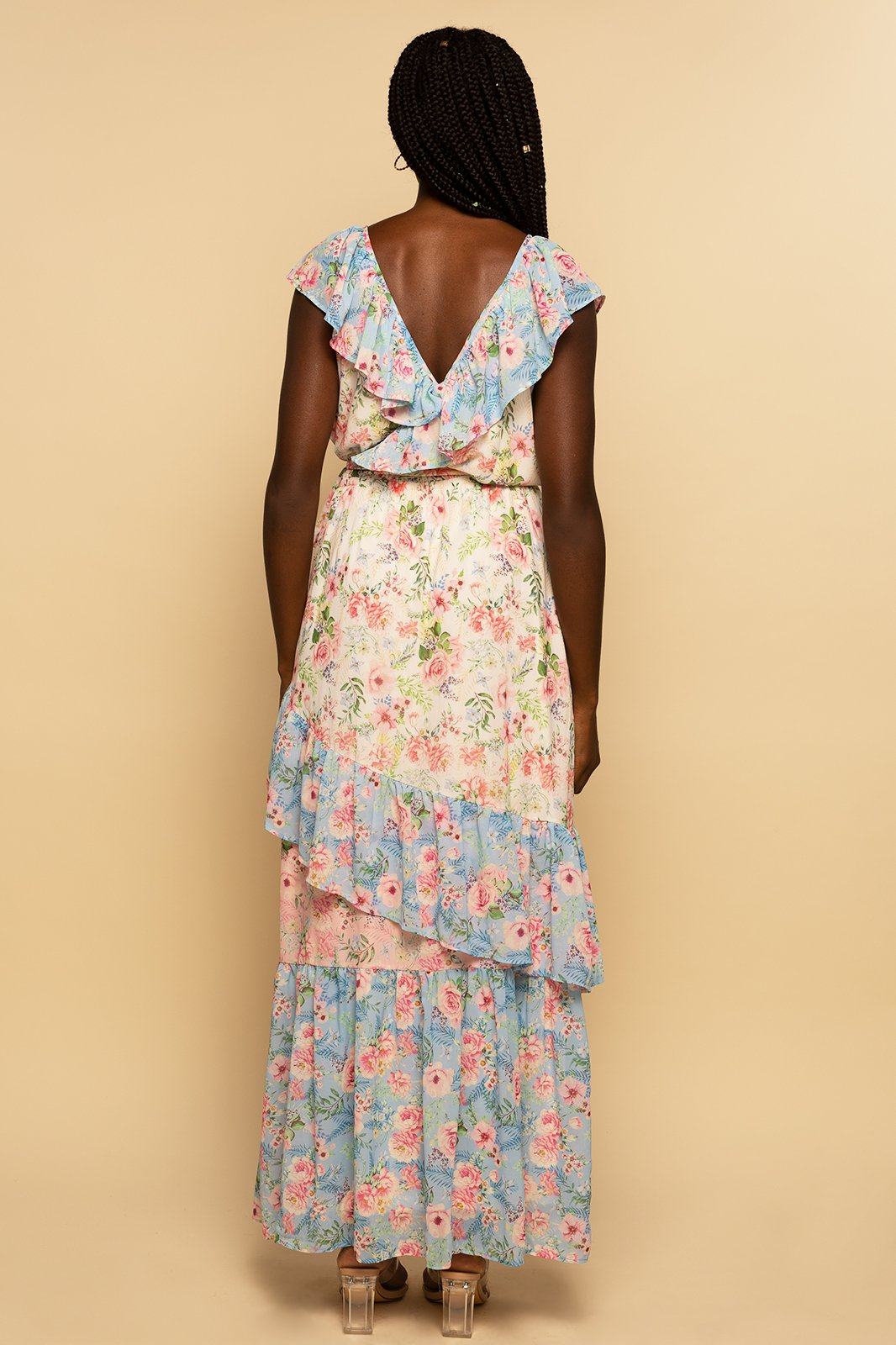 Pink Multi Floral Print Ruffle Maxi Dress