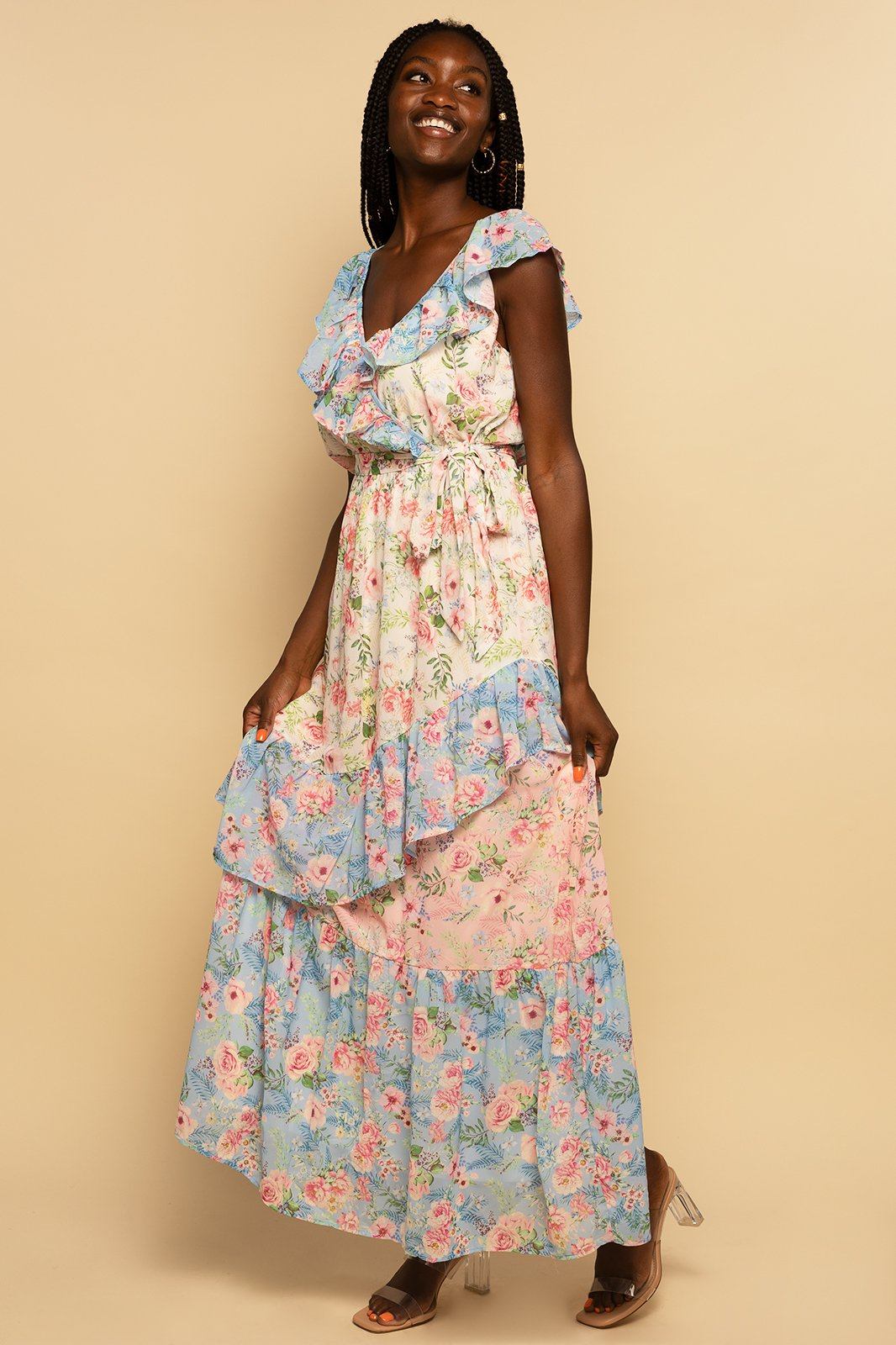 Pink Multi Floral Print Ruffle Maxi Dress