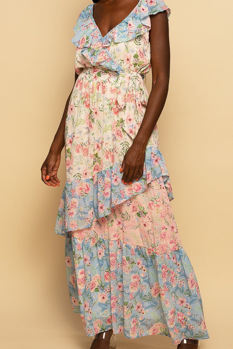 Pink Multi Floral Print Ruffle Maxi Dress