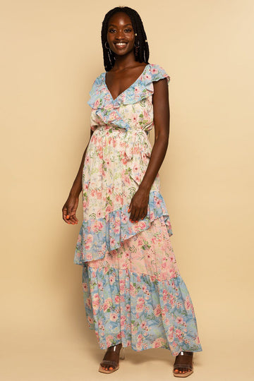 Pink Multi Floral Print Ruffle Maxi Dress