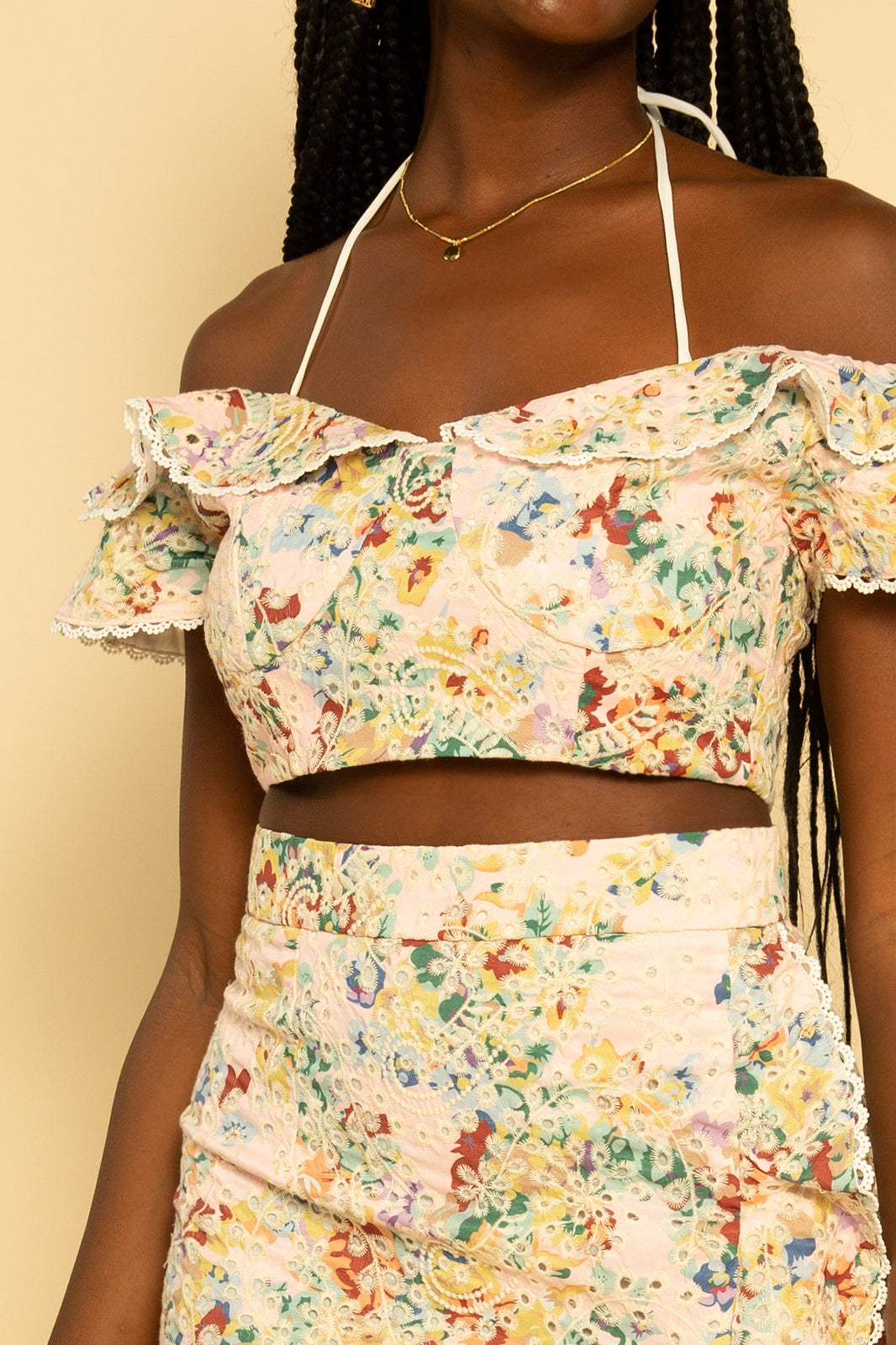 Pink Multicolor Floral Embroidered Eyelet Lace Two Piece Skirt Set