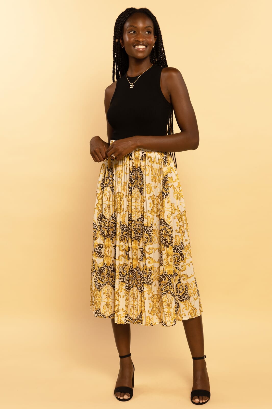 Printed Baroque Pleated Midi Skirt