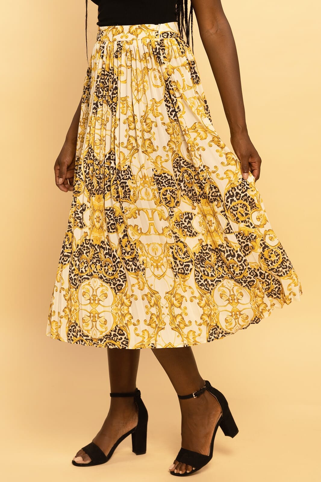 Printed Baroque Pleated Midi Skirt