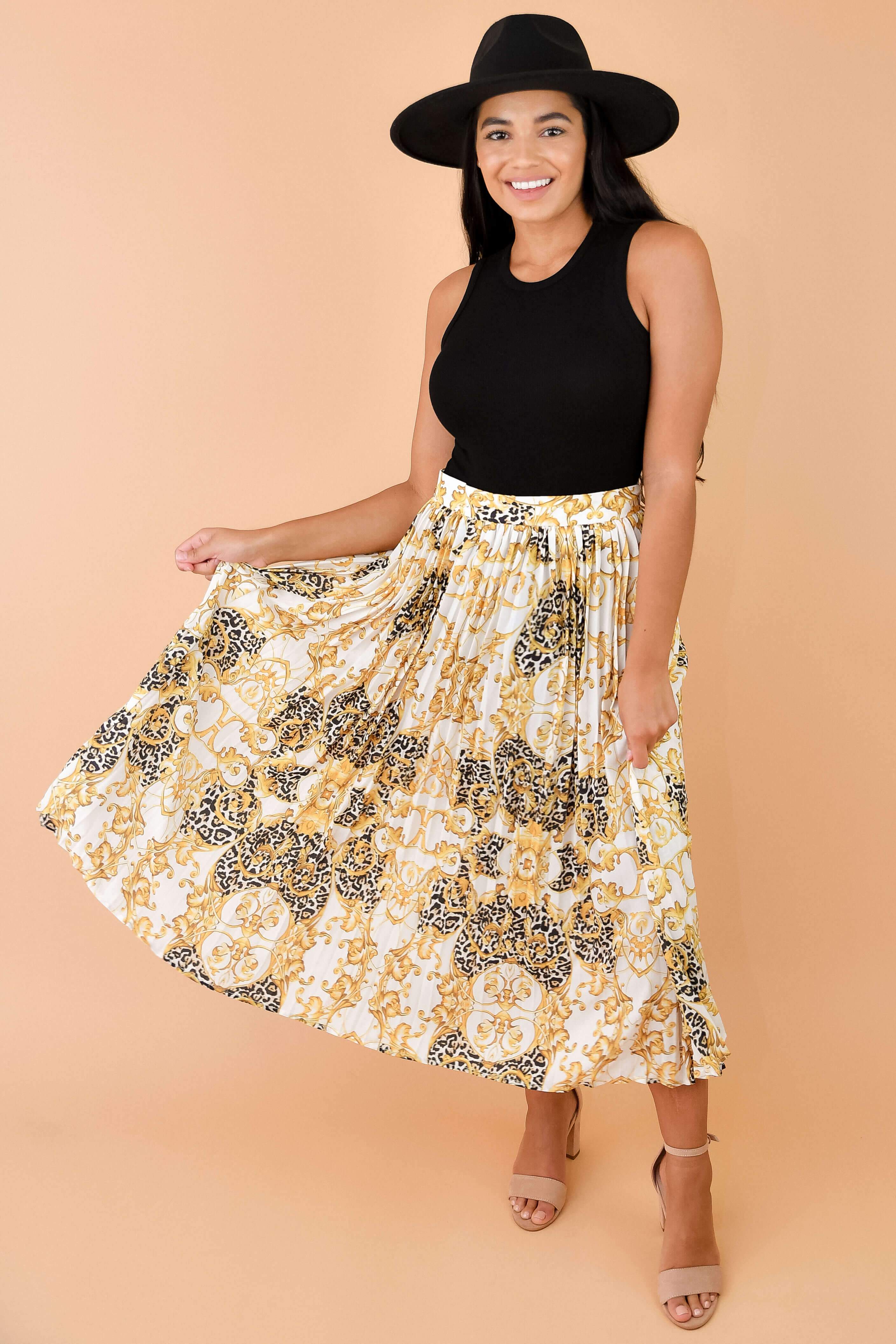 Printed Baroque Pleated Midi Skirt