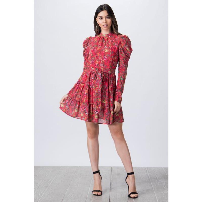 Red Floral Print Mock Neck Mini Dress