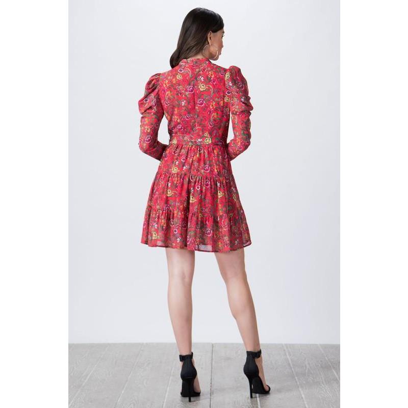 Red Floral Print Mock Neck Mini Dress