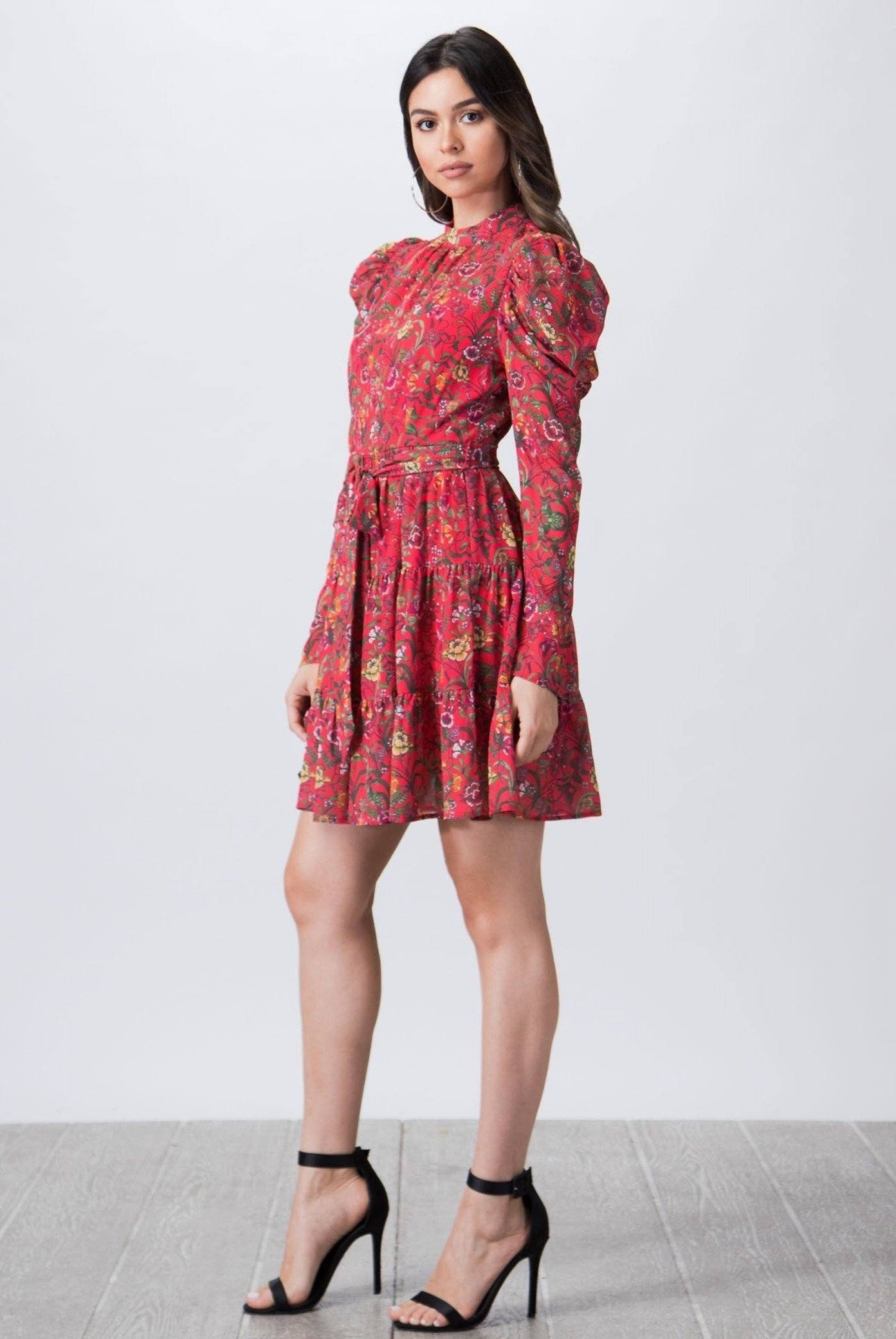 Red Floral Print Mock Neck Mini Dress