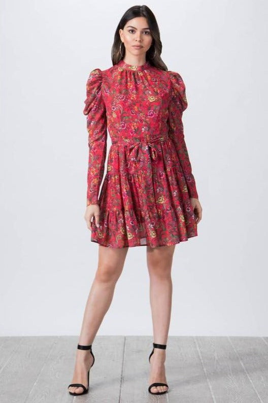 Red Floral Print Mock Neck Mini Dress