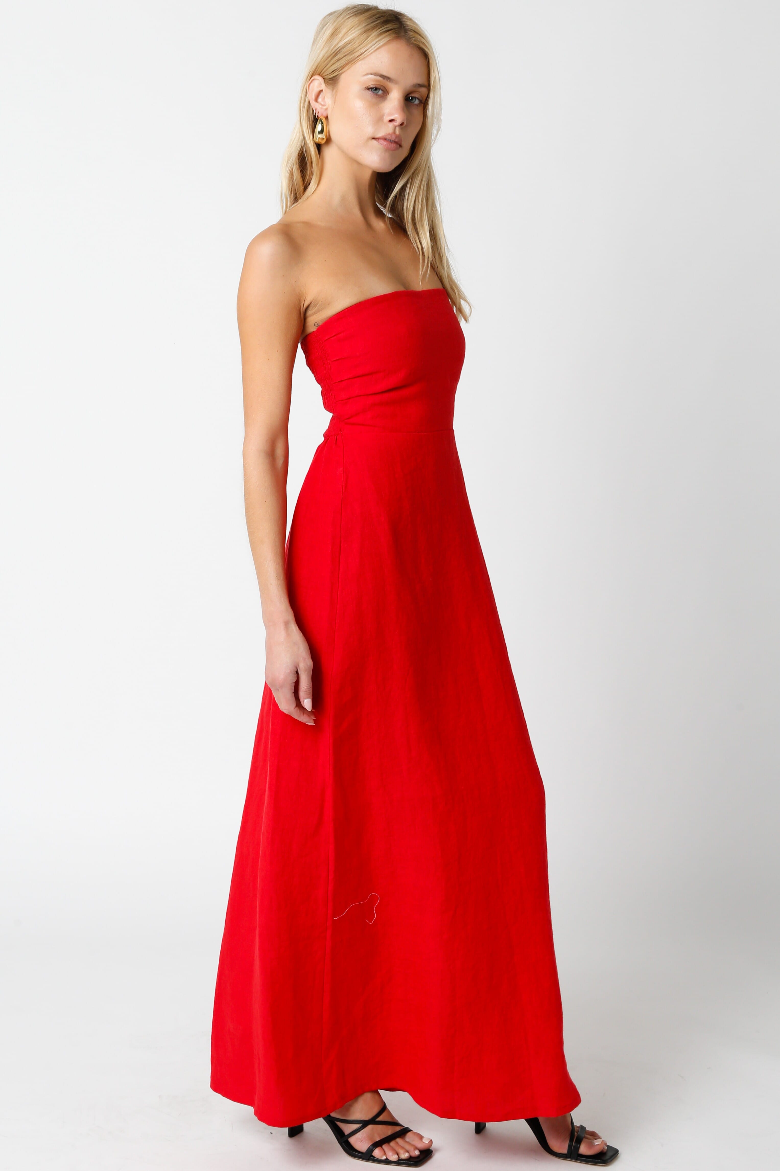 Sofia Strapless Red Linen Maxi Dress
