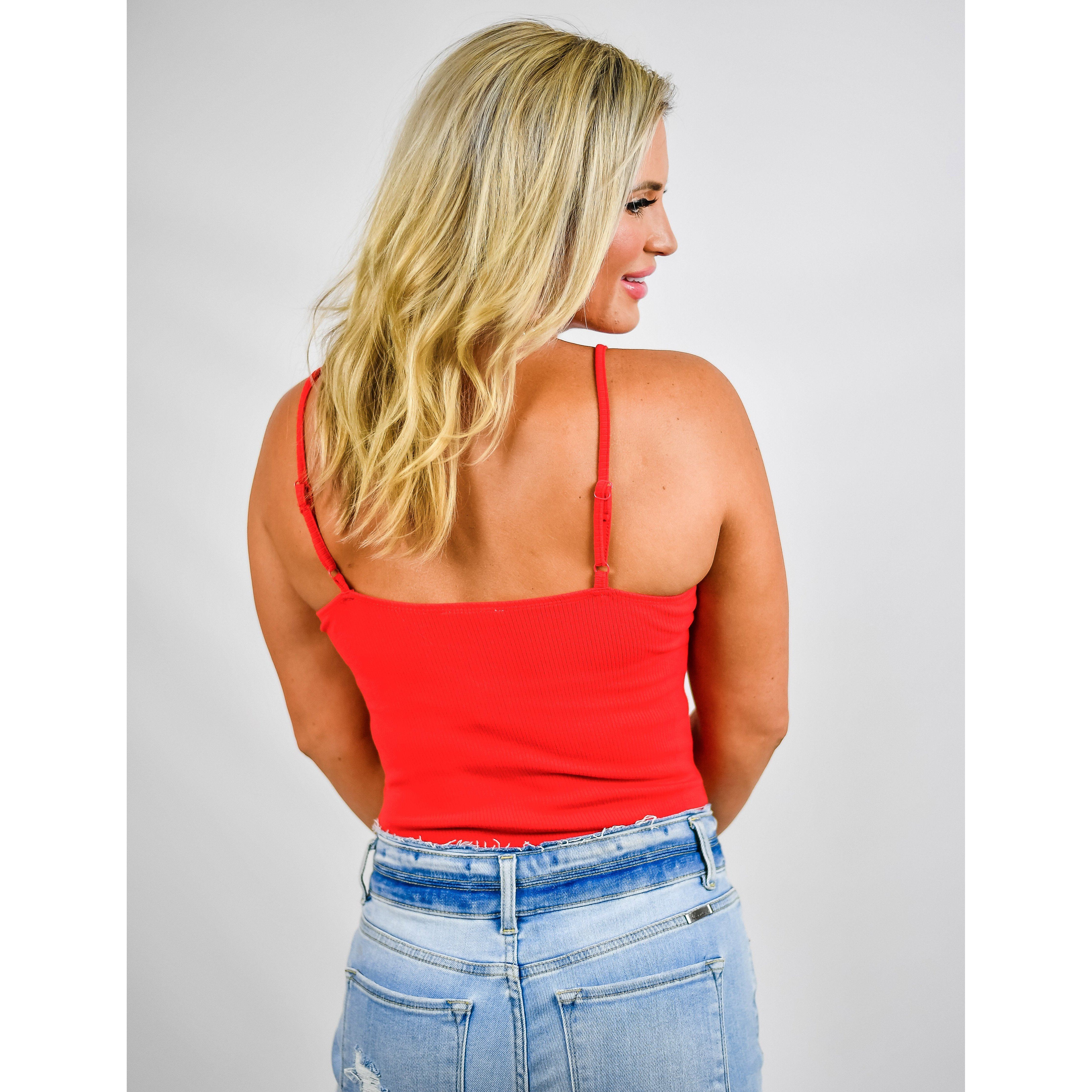 Red Ribbed Strappy Cami Bodysuit