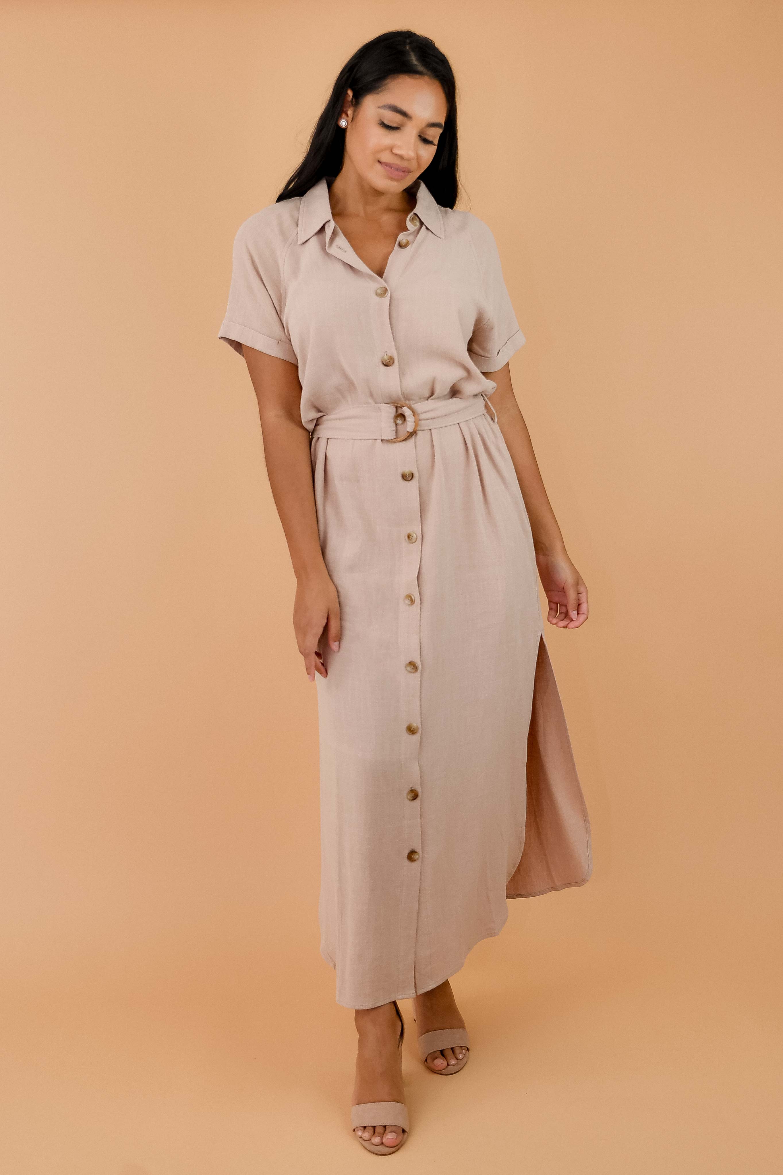Relaxed Linen Belted Side Slit Shirt Dress