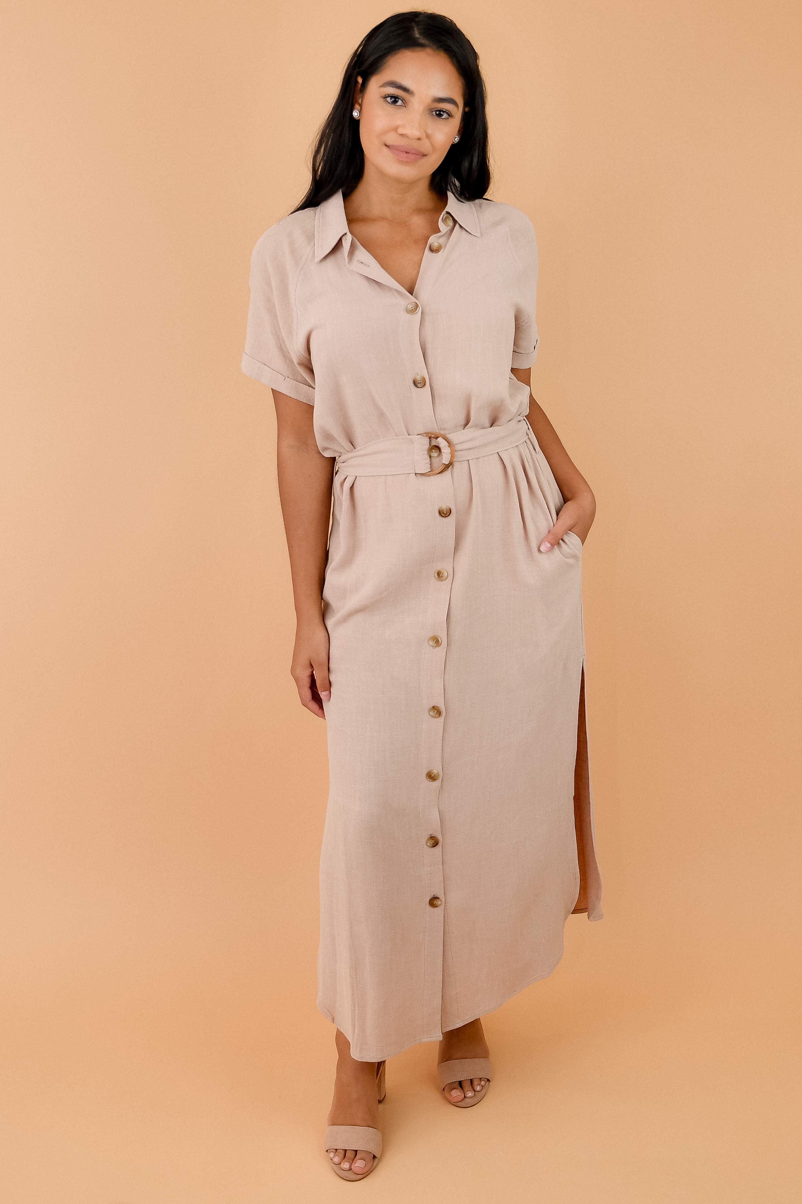 Relaxed Linen Belted Side Slit Shirt Dress
