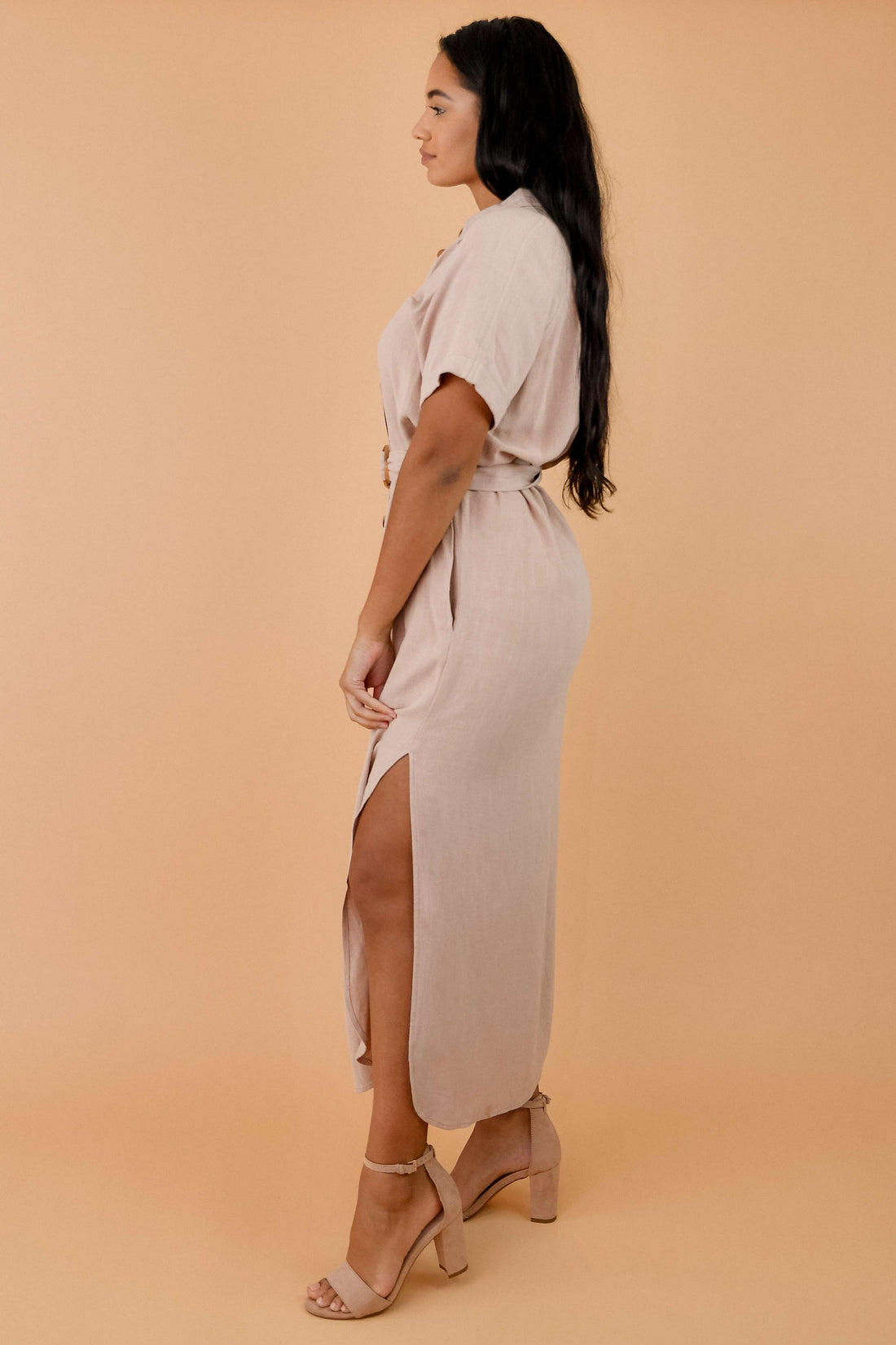 Relaxed Linen Belted Side Slit Shirt Dress