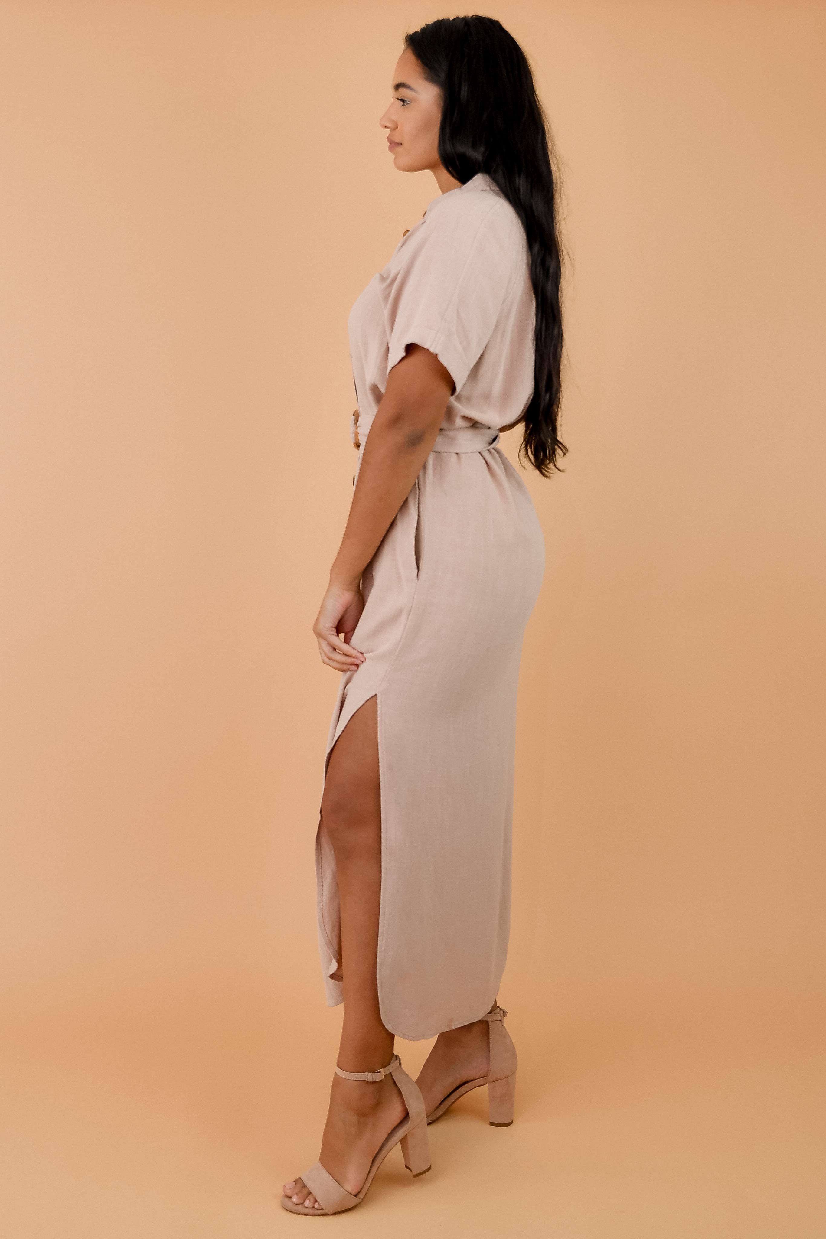 Relaxed Linen Belted Side Slit Shirt Dress
