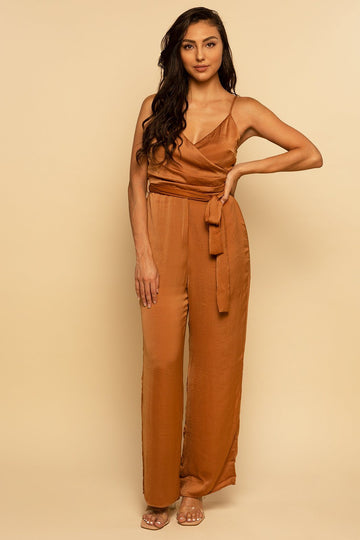 Rust Brown Satin Surplice Neck Belted Jumpsuit