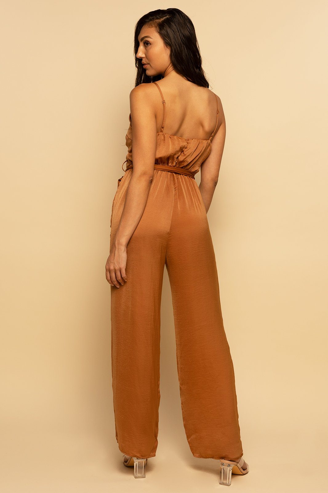 Rust Brown Satin Surplice Neck Belted Jumpsuit