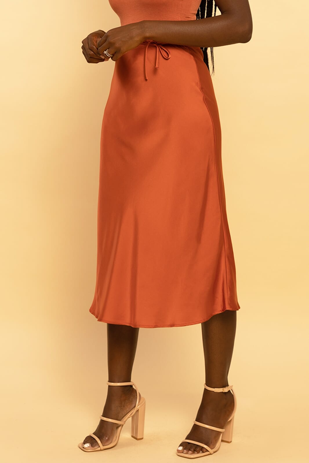 Rust Satin Self-Tie Midi Skirt