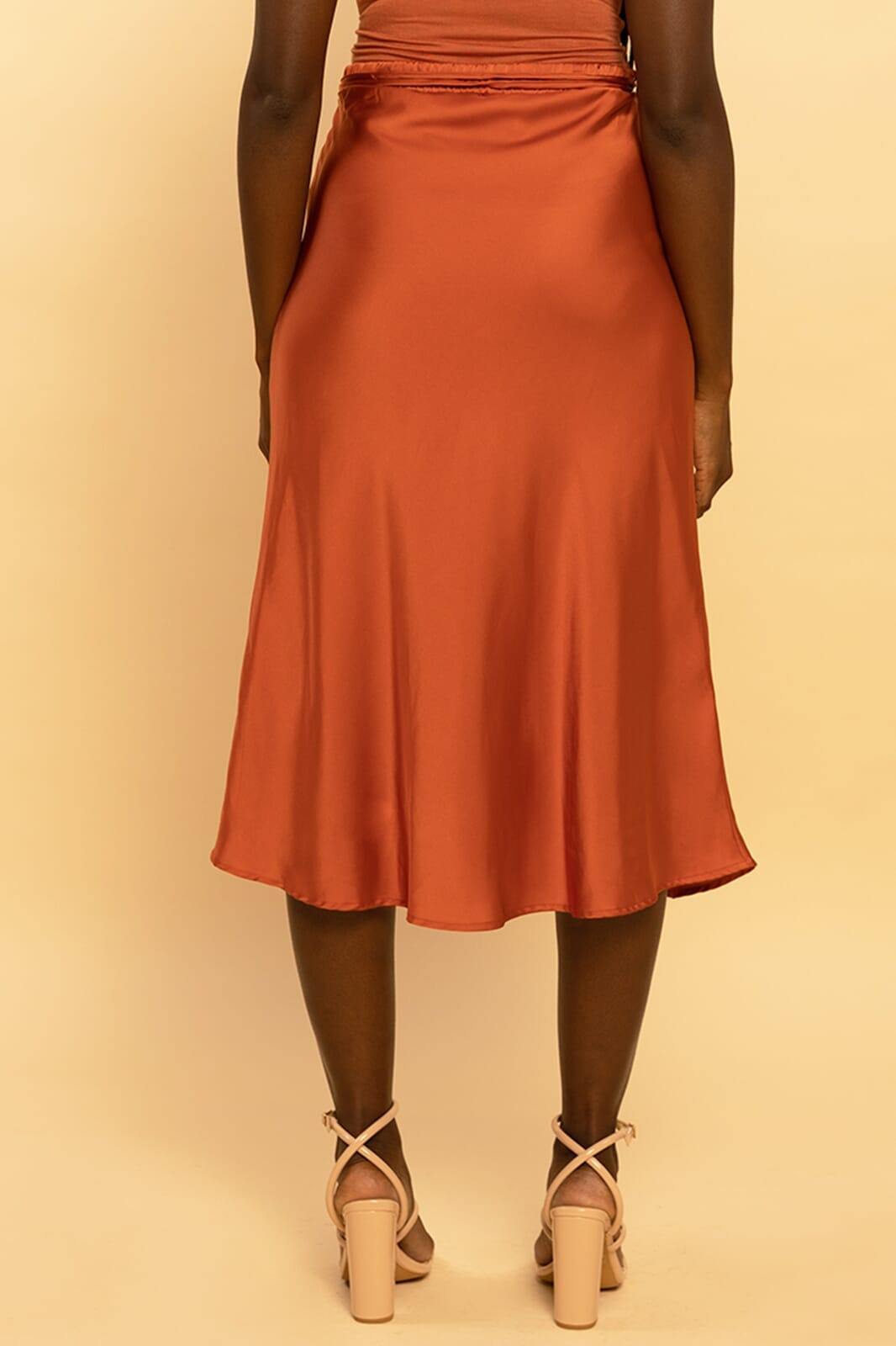 Rust Satin Self-Tie Midi Skirt