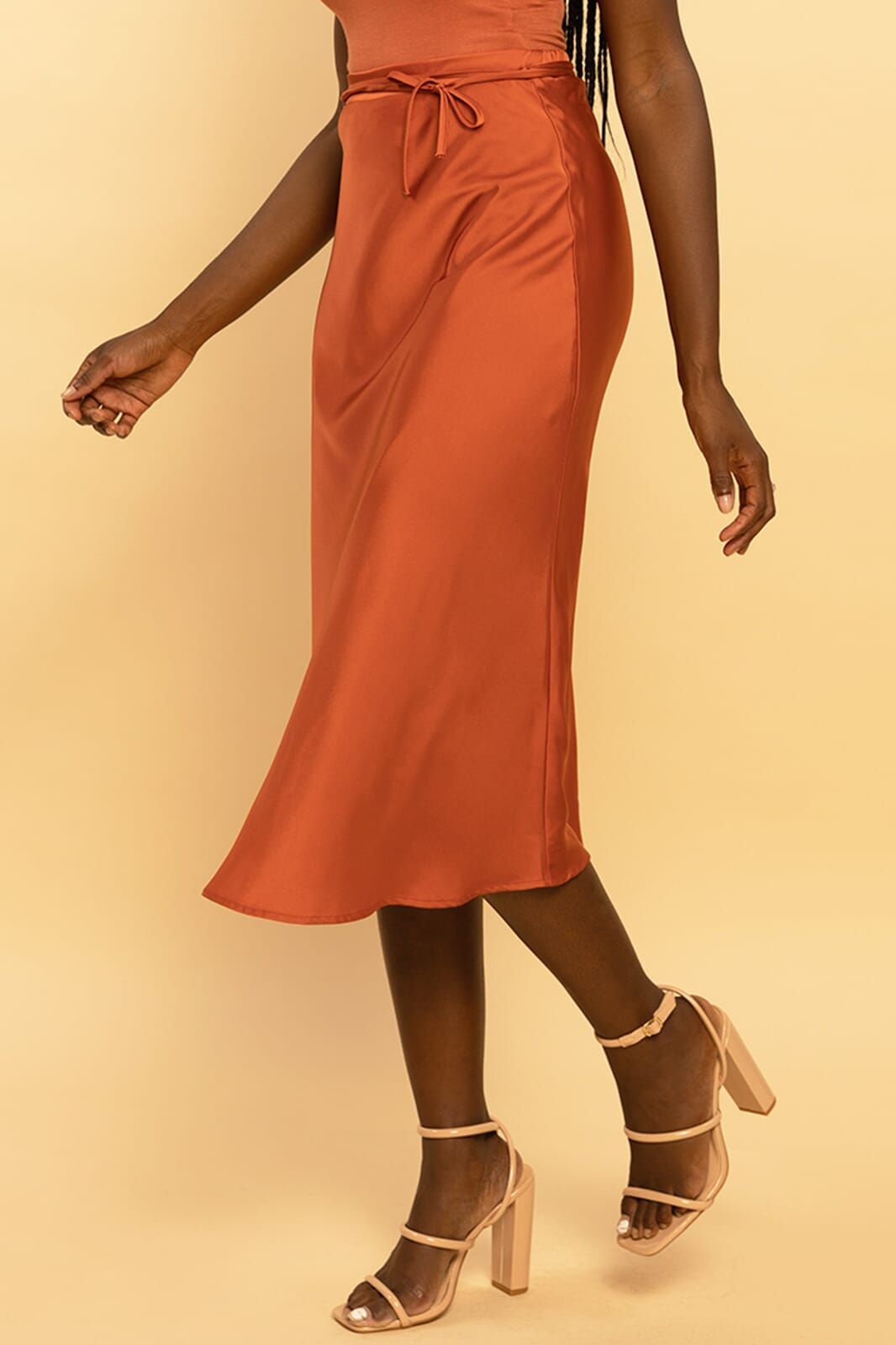 Rust Satin Self-Tie Midi Skirt