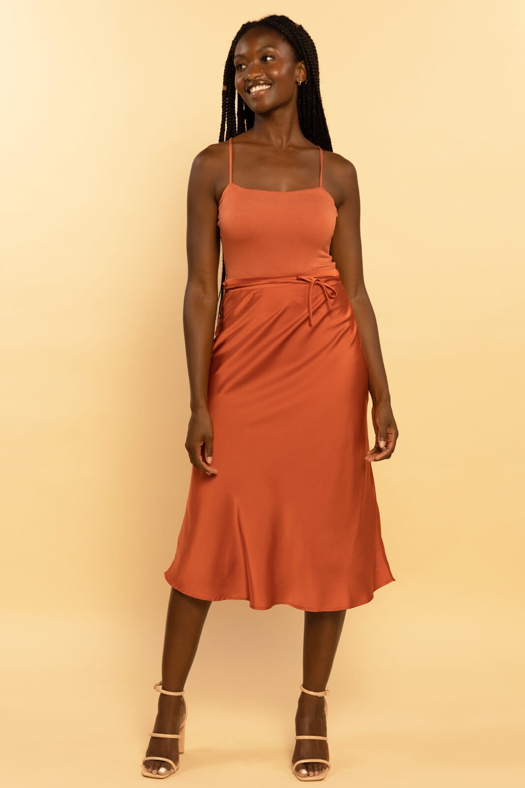 Rust Satin Self-Tie Midi Skirt