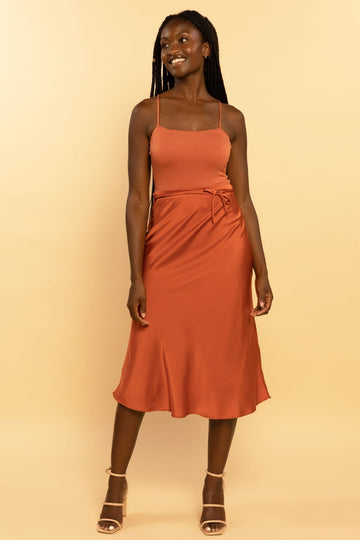 Rust Satin Self-Tie Midi Skirt