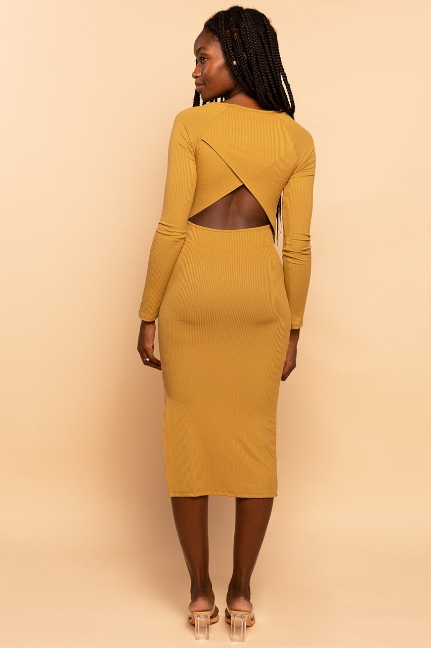 Sage Green Cut Out Tie-Front Ribbed Midi Dress