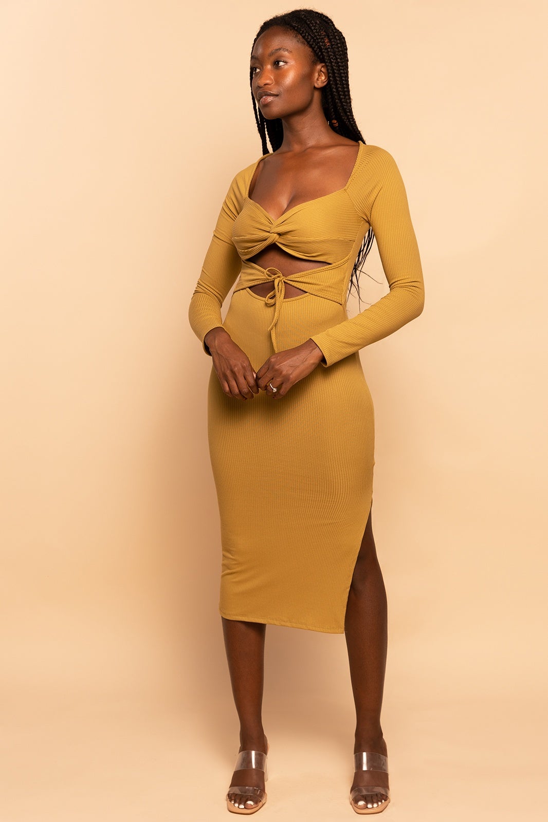 Sage Green Cut Out Tie-Front Ribbed Midi Dress