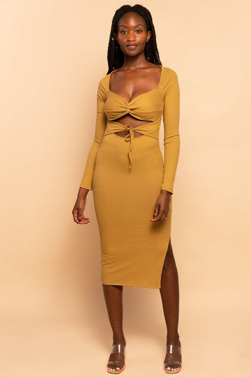 Sage Green Cut Out Tie-Front Ribbed Midi Dress